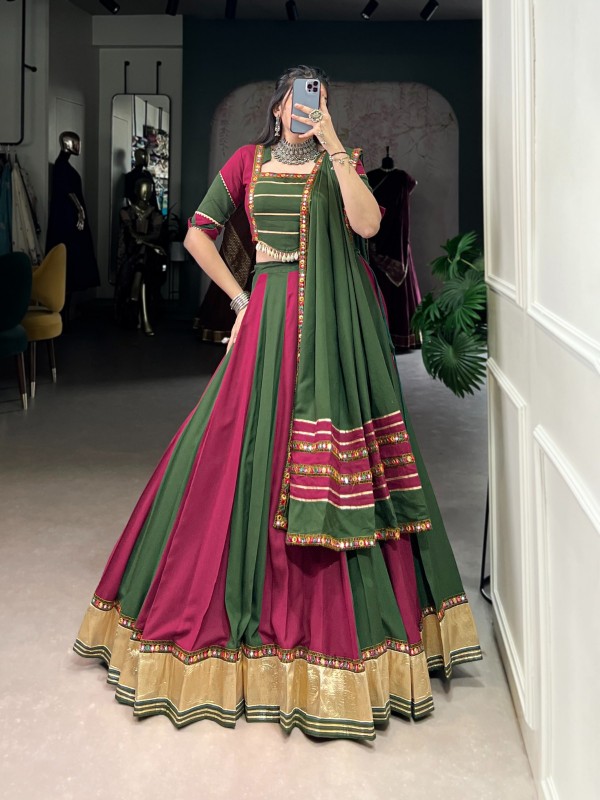 Pure Rayon Silk fabric Lehenga In Green & Pink Color With Bandej Print Work & Gamthi Work 