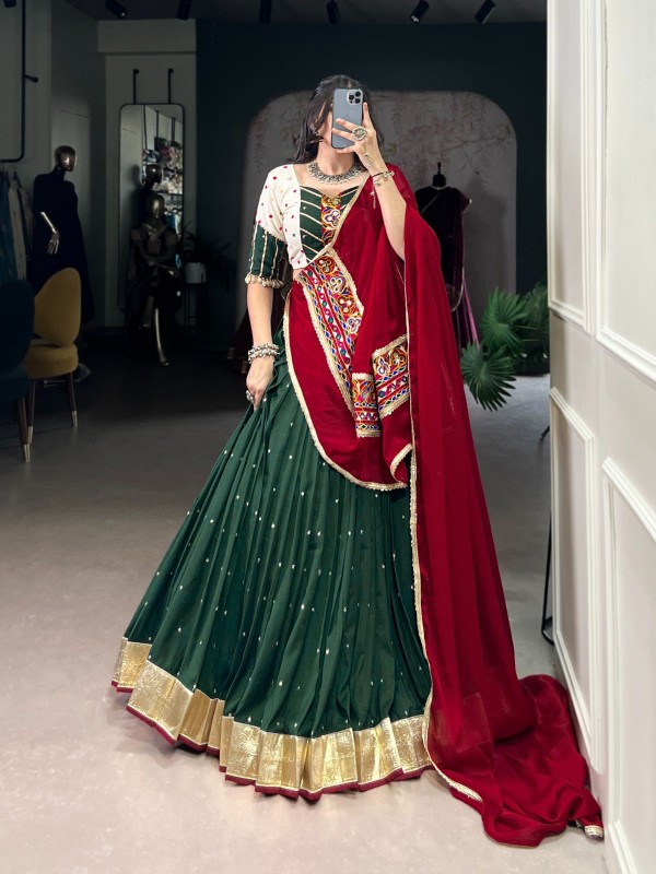 Pure Rayon Silk fabric Lehenga In Green Color With Bandej Print Work & Gamthi Work 