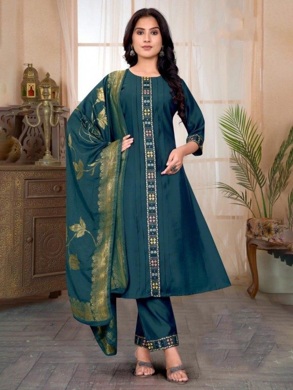 Cotton Silk Party Wear Suit In Teal Green Color With Embroidery work  
