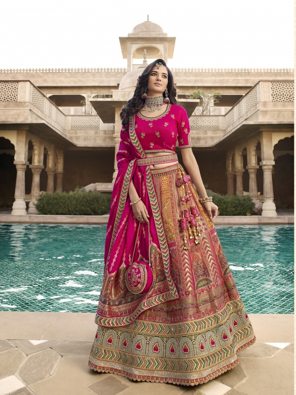 Pure Banarasi Silk Wedding Lehenga in Pink Color With Embroidery  work