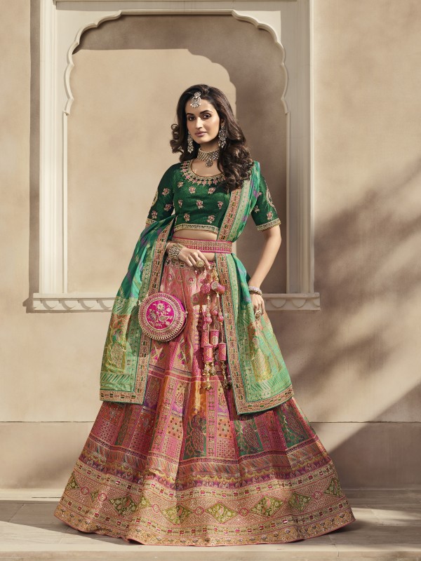 Pure Banarasi Silk Wedding Lehenga in Pink &Green Color With Embroidery  work