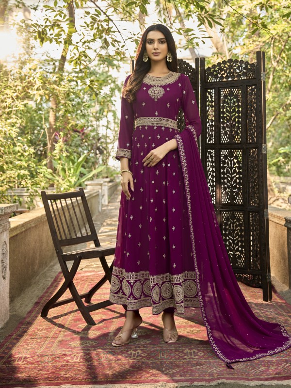 Real Georgette Party Wear Gown Wine Color with  Embroidery Work