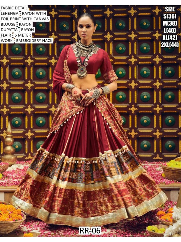 Pure Rayon Silk fabric Lehenga In Maroon Color With Foil Print Work 