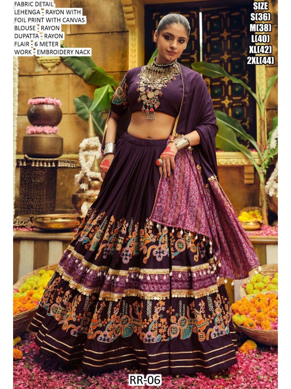 Pure Rayon Silk fabric Lehenga In Purple Color With Foil Print Work 