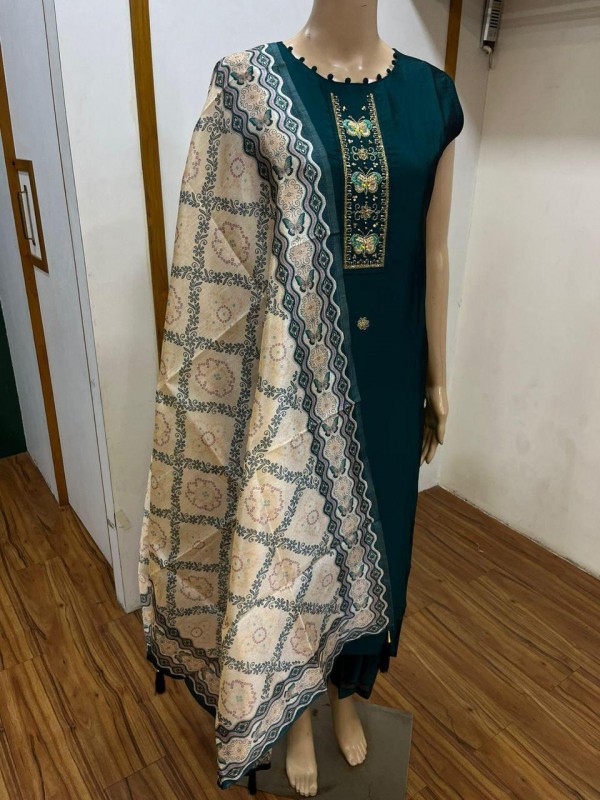 Cotton Silk Party Wear Suit In Teal Blue Color With Embroidery work  
