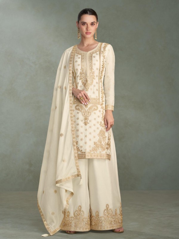 Pure Chinon Silk Party Wear Sharara In Off White Color with Embroidery Work
