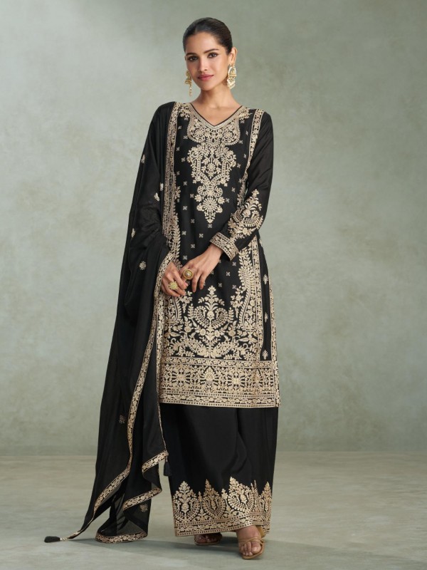 Pure Chinon Silk Party Wear Sharara In Black Color with Embroidery Work