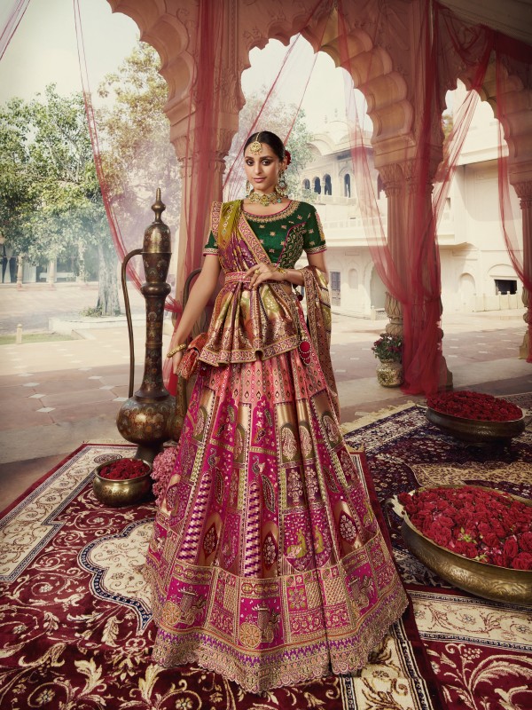 Pure Banarasi Silk Wedding Lehenga in Pink With Embroidery work