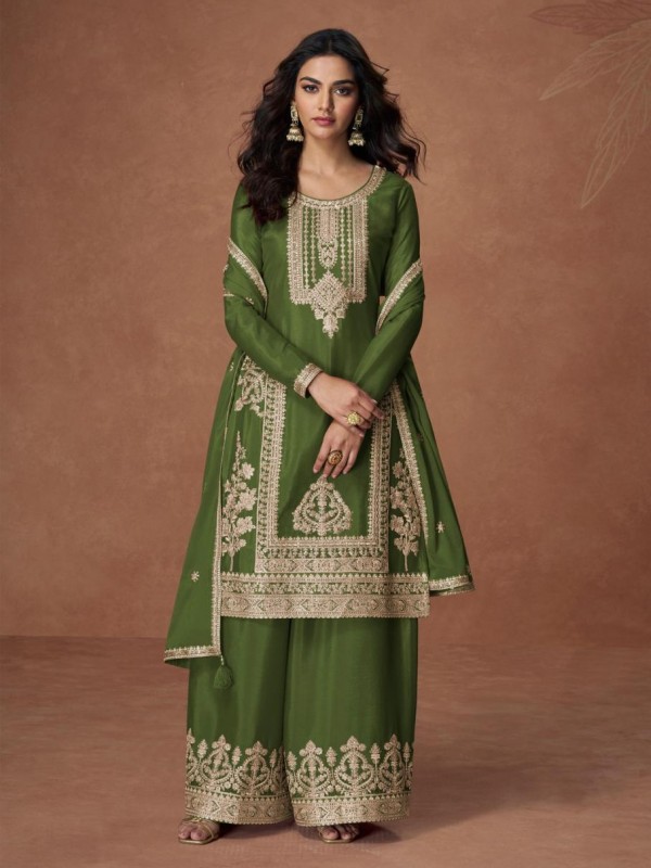 Premium Real Chinon Silk Readymade Party Wear Sharara In Green Color with Embroidery Work