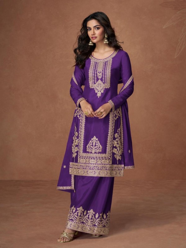 Premium Real Chinon Silk Readymade Party Wear Sharara In Purple Color with Embroidery Work