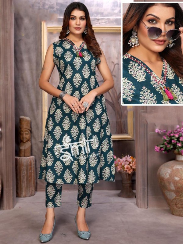 Cotton Silk Party Wear Suit In Teal Color With Embroidery work  