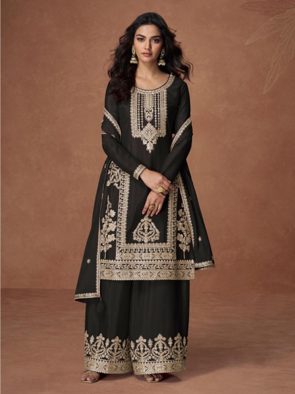 Premium Real Chinon Silk Readymade Party Wear Sharara In Black Color with Embroidery Work