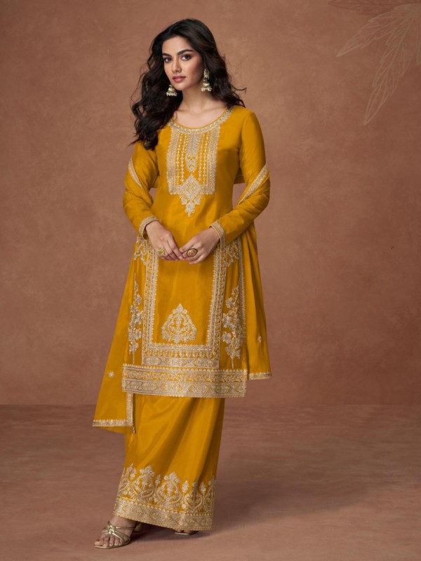 Premium Real Chinon Silk Readymade Party Wear Sharara In Yellow Color with Embroidery Work