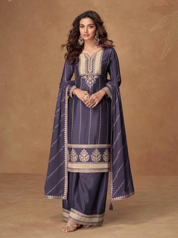 Pure Chinon Silk Party Wear Sharara In Purple Color with Embroidery Work