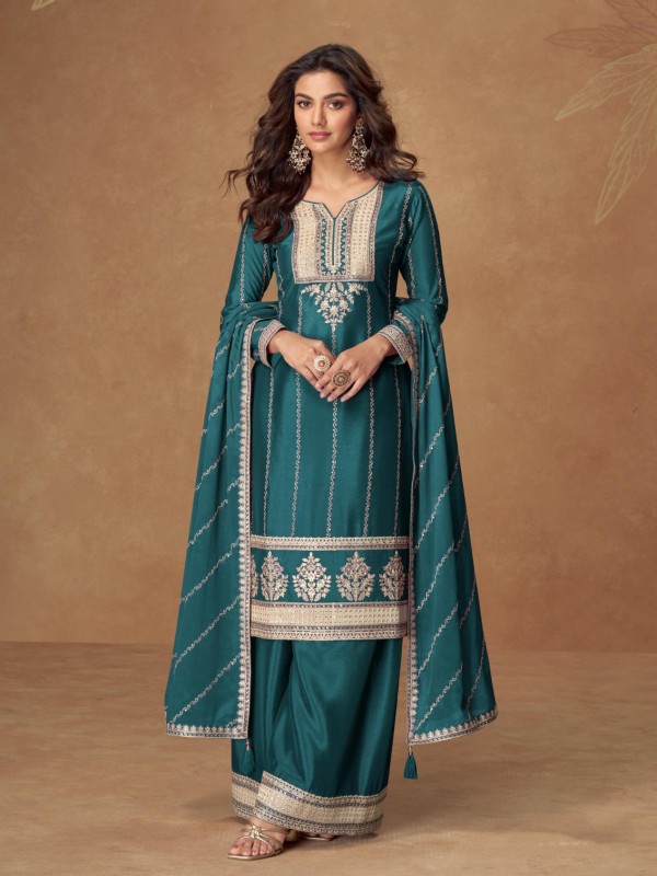 Pure Chinon Silk Party Wear Sharara In Teal Color with Embroidery Work
