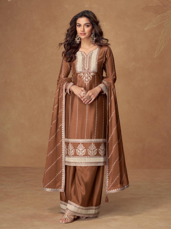 Pure Chinon Silk Party Wear Sharara In Brown Color with Embroidery Work