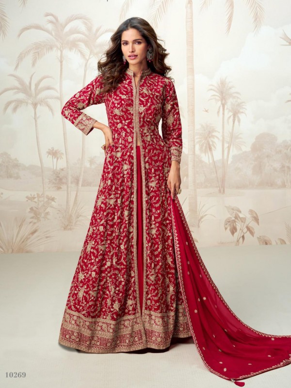 Real Georgette Party Wear Gown Red Color with Embroidery Work