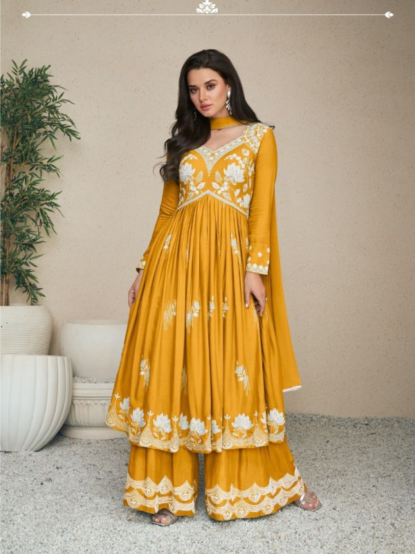 Reyon  Party Wear Sharara in Yellow Color with  Embroidery Work