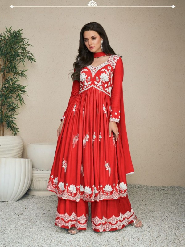 Reyon  Party Wear Sharara in Red Color with  Embroidery Work