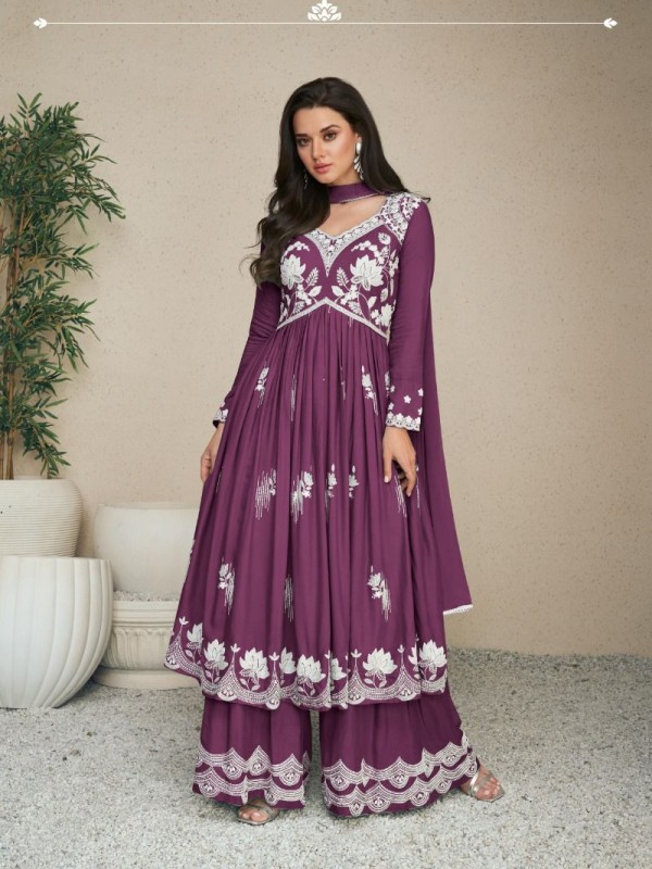 Reyon  Party Wear Sharara in Purple Color with  Embroidery Work