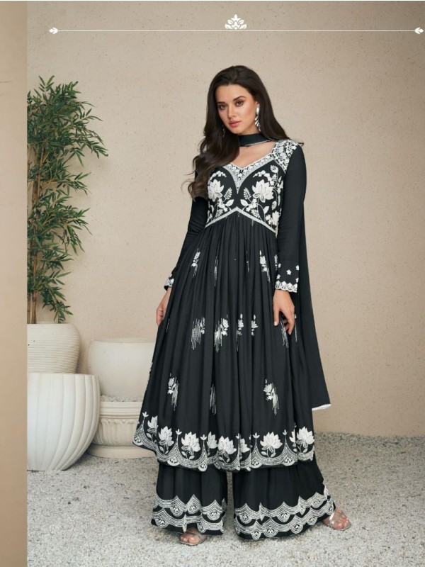 Reyon  Party Wear Sharara in Black Color with  Embroidery Work