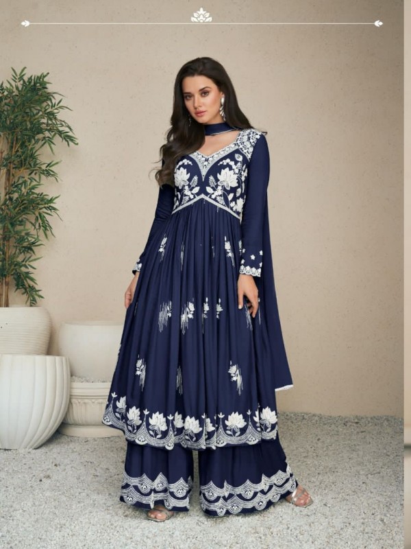 Reyon  Party Wear Sharara in Blue Color with  Embroidery Work