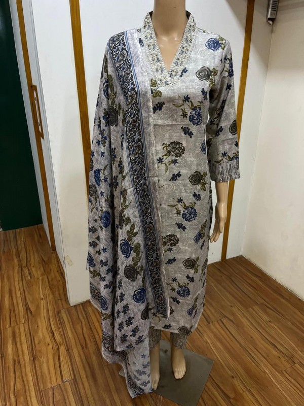 Cotton Silk Party Wear Suit In Grey Color With Embroidery work  