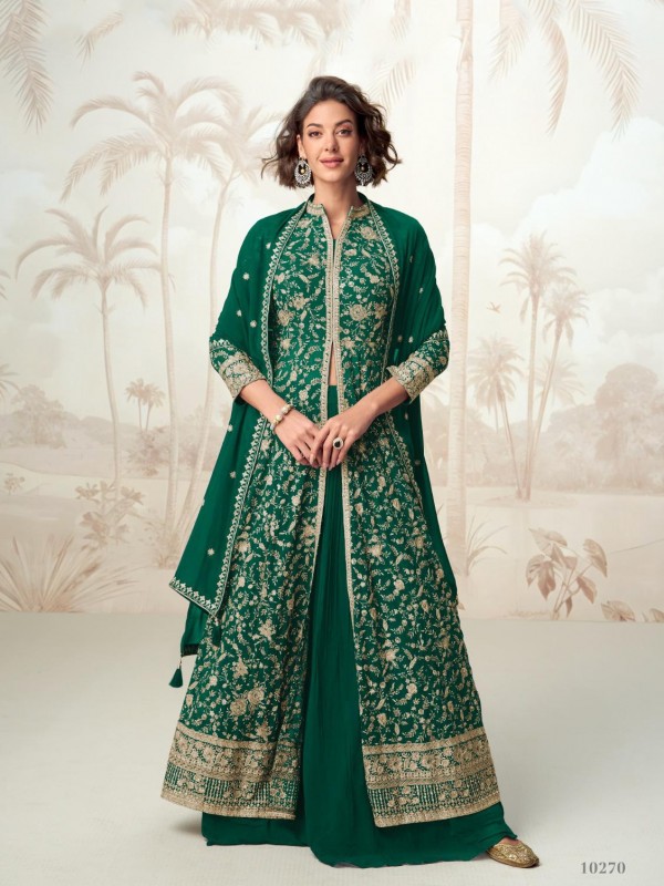 Real Georgette Party Wear Gown Green Color with Embroidery Work
