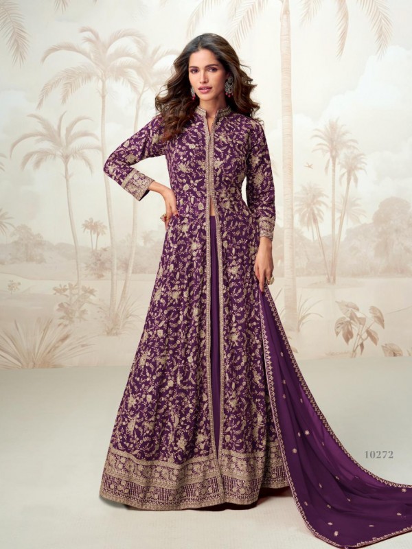 Real Georgette Party Wear Gown Purple Color with Embroidery Work