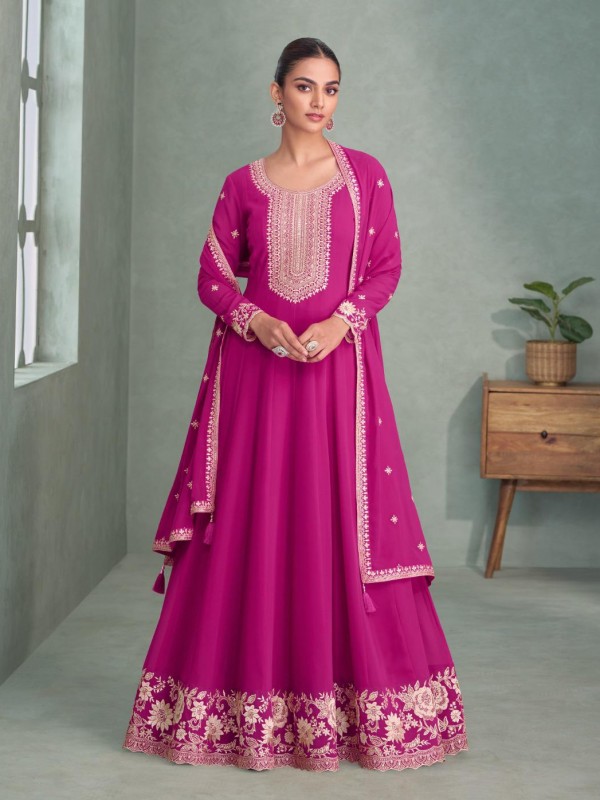 Pure Silk Weddomg Wear Gown Rani Pink Color with Embroidery Work 