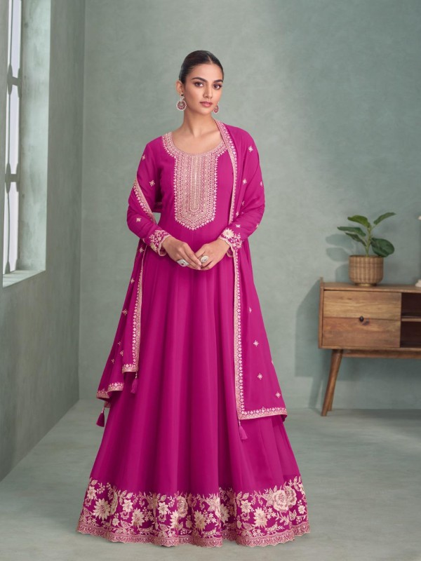 Real Georgette Party Wear Gown In Pink Color with Embroidery Work