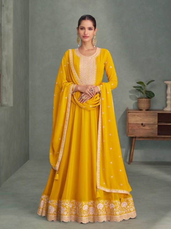 Real Georgette Party Wear Gown In Yellow Color with Embroidery Work