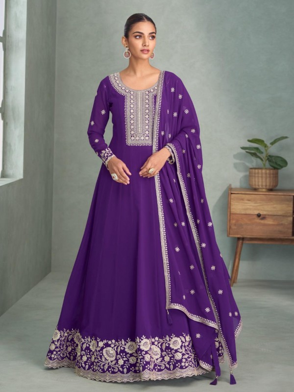Pure Silk Weddomg Wear Gown Purple ow Color with Embroidery Work 