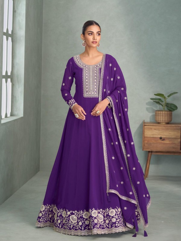 Real Georgette Party Wear Gown In Purple Color with Embroidery Work