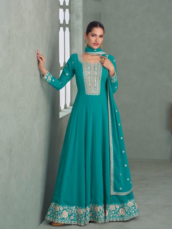 Pure Silk Weddomg Wear Gown Turquious ow Color with Embroidery Work 
