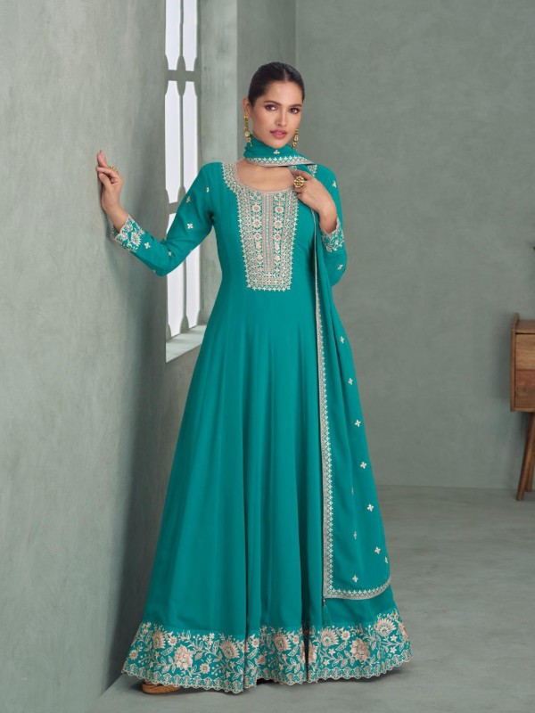 Real Georgette Party Wear Gown In Turquiose Blue Color with Embroidery Work