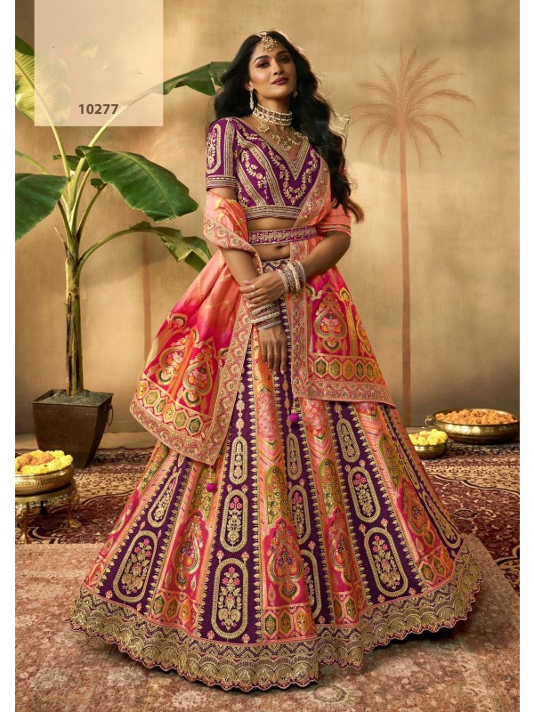 Pure  Silk Wedding Wear Lehenga in Peach & Purple  Color With Embroidery Work