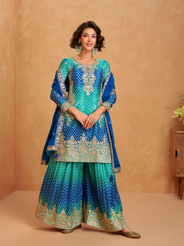 Premium Chinnon Silk Party Wear Sharara Blue Color with Embroidery Work