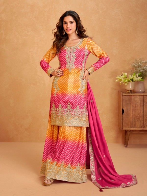 Premium Chinnon Silk Party Wear Sharara Pink & Orange Color with Embroidery Work