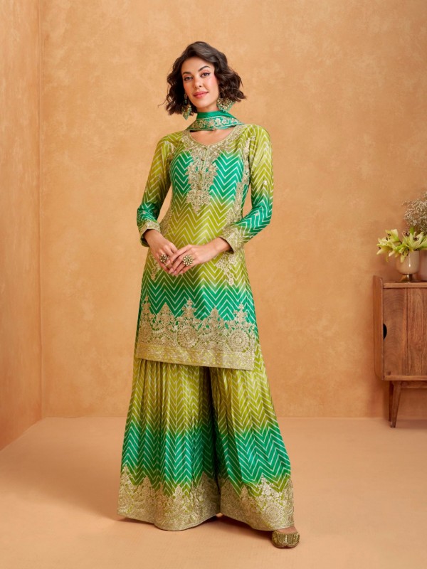Premium Chinnon Silk Party Wear Sharara Green Color with Embroidery Work