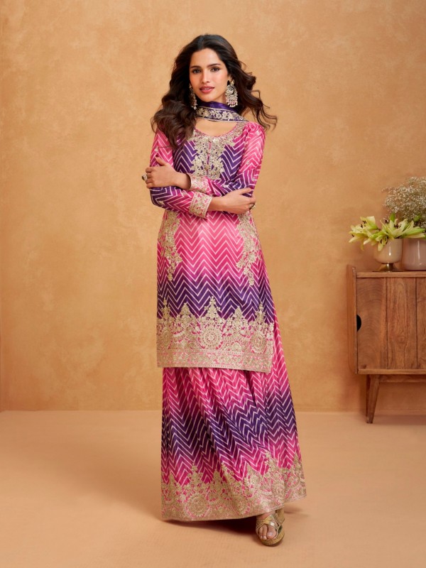 Premium Chinnon Silk Party Wear Sharara Pink Color with Embroidery Work