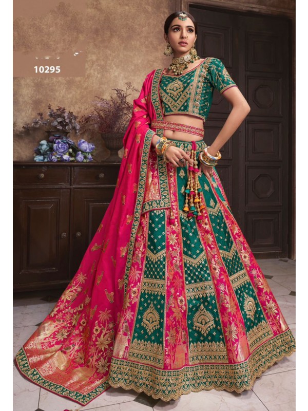Pure  Banarasi Silk Wedding Wear Lehenga in Teal Green Color With Embroidery Work