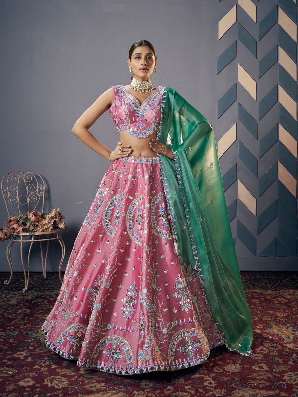 Jimichoo Silk Fabric Wedding Wear Lehenga In Pink Color With HandWork 