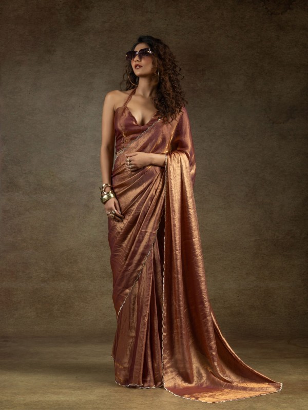Pure Satin Silk Ready to wear Saree In Brown Color 
