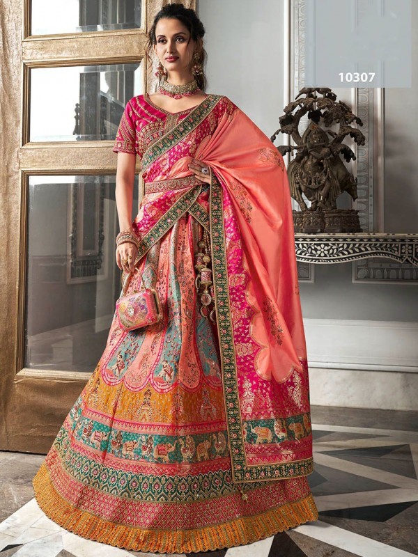 Pure Banarasi Silk Wedding Wear Lehenga in Multi Color With Embroidery Work