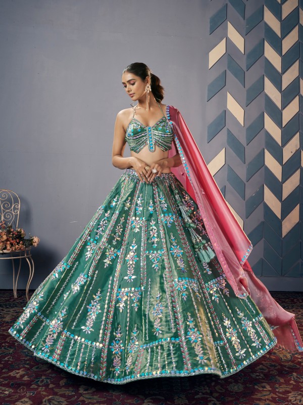 Jimichoo Silk Fabric Wedding Wear Lehenga In Sea Green Color With HandWork 