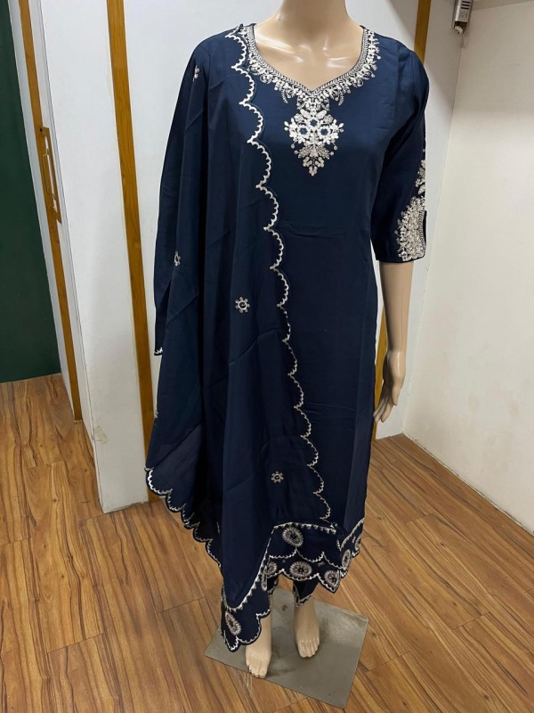 Cotton Silk Party Wear Suit In Blue Color With Embroidery work  
