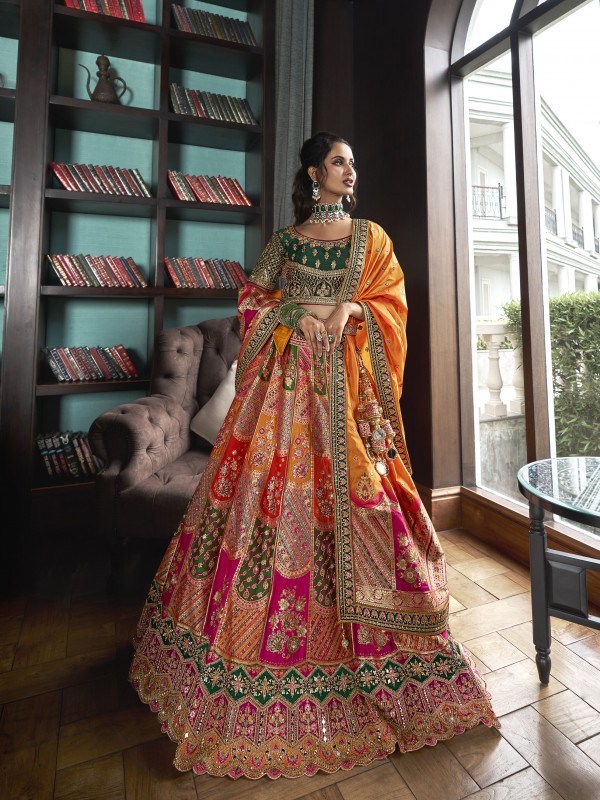 Pure Banarasi Silk Wedding Wear Lehenga in Multi Color With Embroidery Work