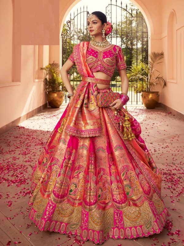 Pure Banarasi Silk Wedding Wear Lehenga in Pink Color With Embroidery Work