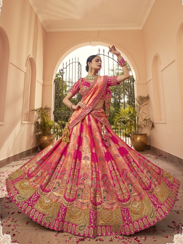 Pure Banarasi Silk Wedding Wear Lehenga in Pink Color With Embroidery Work
